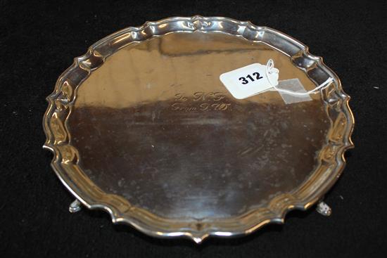 Silver salver, piecrust edge, four hoof feet, Birmingham 1929